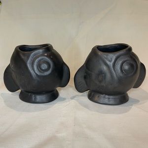 Two Blackware Small Fish Figural Planters Signed Lama Oaxaca Mexico